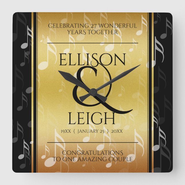 Elegant 27th Music Wedding Anniversary Celebration Square Wall Clock (Front)