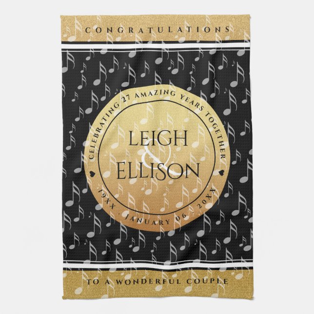 Elegant 27th Music Wedding Anniversary Celebration Tea Towel (Vertical)