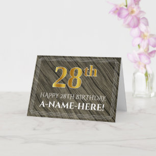 Elegant 28th Birthday: Faux Wood, Faux Gold Look Card