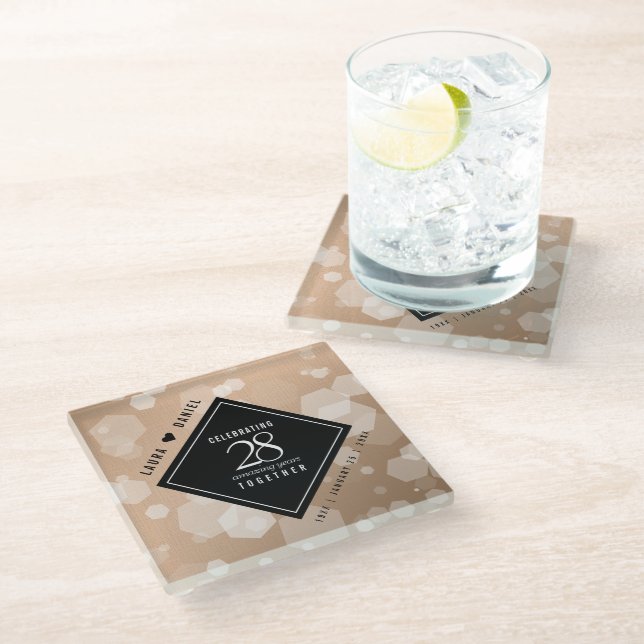 Elegant 28th Linen Wedding Anniversary Celebration Glass Coaster (Angled)