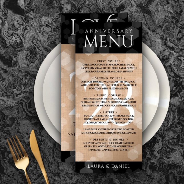 Elegant 28th Linen Wedding Anniversary Celebration Menu (Elegant 28th Linen Wedding Anniversary Menu Rack Card Cover Photo.)