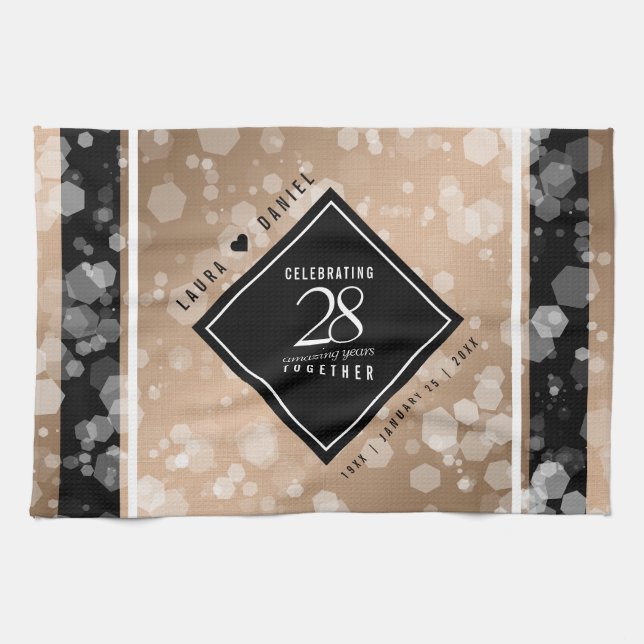 Elegant 28th Linen Wedding Anniversary Celebration Tea Towel (Horizontal)