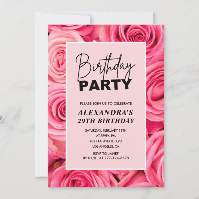 Elegant 29th birthday Floral Pink Roses  Invitation (Front)