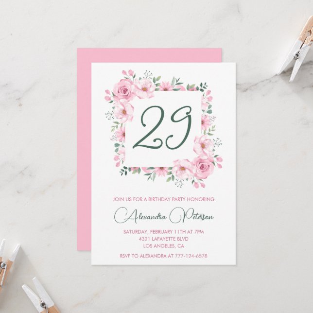 Elegant 29th birthday invitations Floral Pink  (Front/Back In Situ)