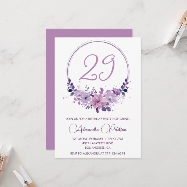 Elegant 29th birthday invitations Floral Purple (Front/Back In Situ)