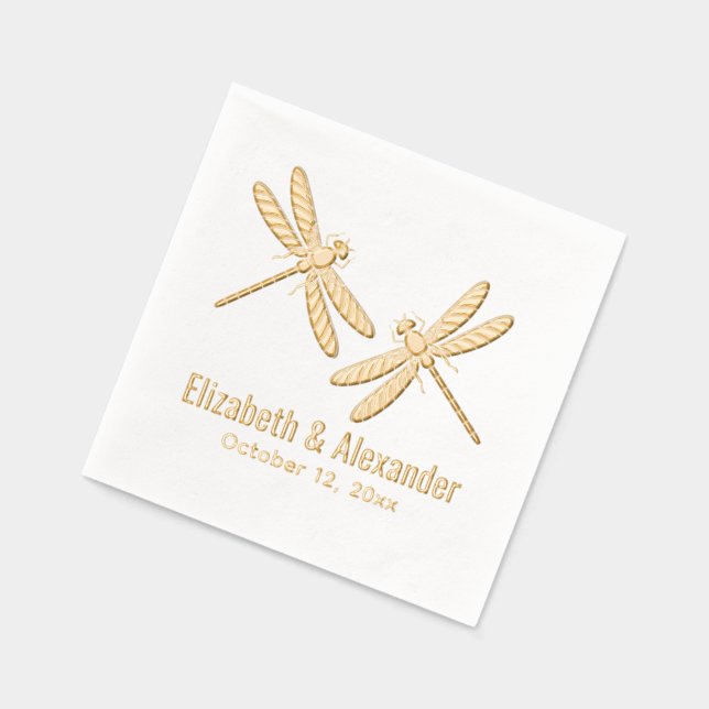 Elegant 2 Dragonflies Wedding Couple Name Date Foil Napkins (Left)