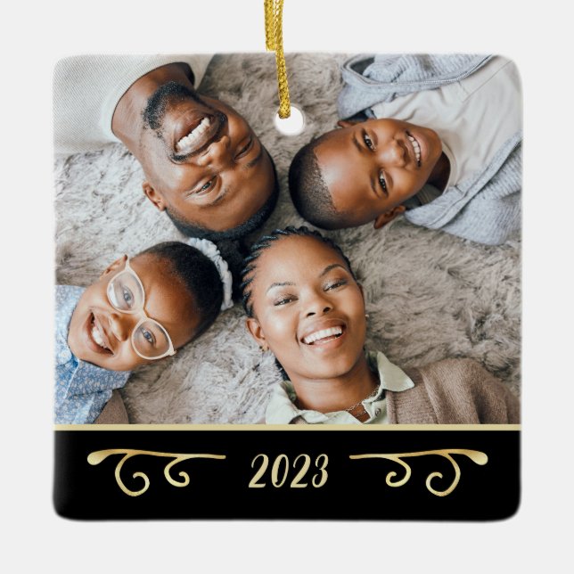Elegant 2 Photo 2-Sided Family Photo Black Gold Ceramic Ornament (Front)