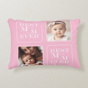 Elegant 2 Photo "Best Mum Ever" Pink & White Heart Decorative Cushion
