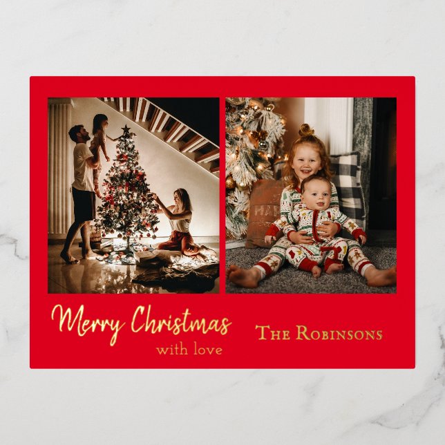 Elegant 2 photo christmas foil holiday postcard (Front)