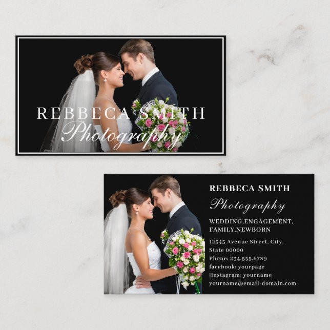 Elegant 2 Photo Collage Wedding Photographer Black Business Card (Front/Back)