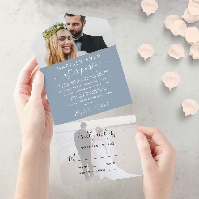 Elegant 2 Photo Dusty Blue Wedding Reception All In One Invitation (Creator Uploaded)