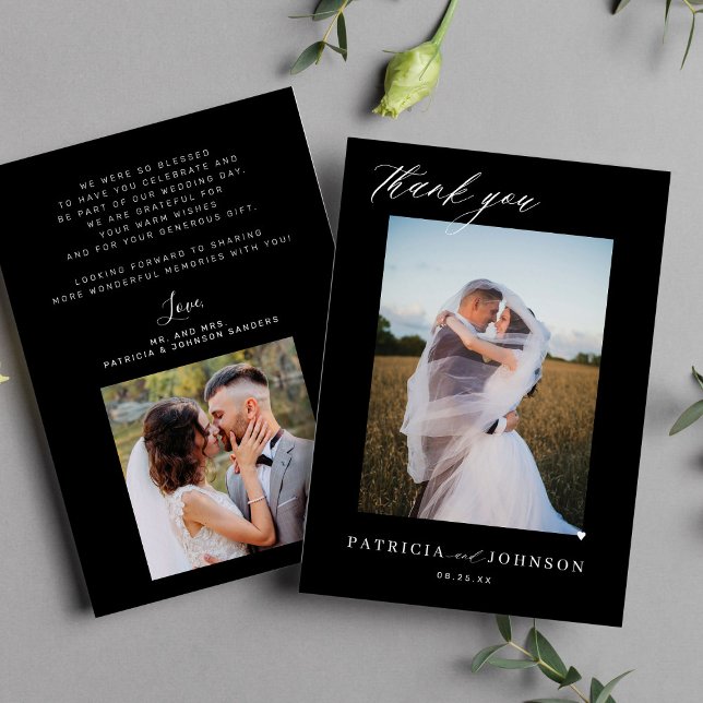 Elegant 2 photo elegant script black wedding thank you card (Creator Uploaded)