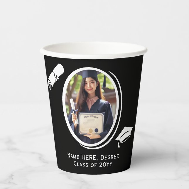 Elegant 2-Photo Graduation Diploma Cap Black White Paper Cups (Front)