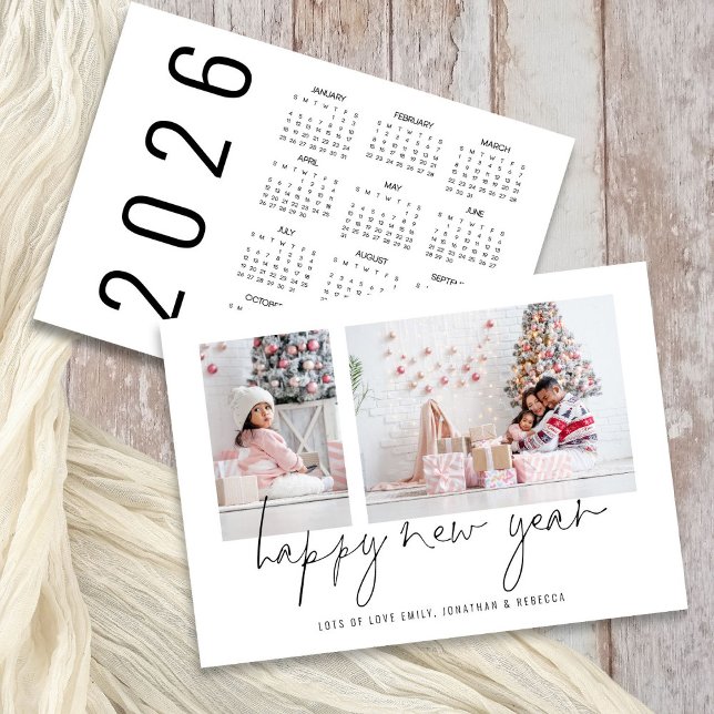 Elegant 2 Photo Happy New Year 2026 Calendar Holiday Card (Front and back view)