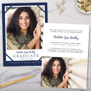 Elegant 2 Photo Navy Blue Graduation Announcement