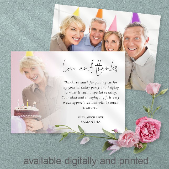 Elegant 2 Photo Overlay Birthday Party Thank You Card (Creator Uploaded)