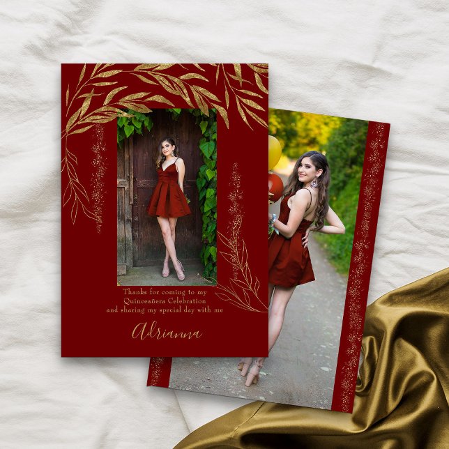 Elegant 2 Photo Red and Gold Leaf Thank You Card (Red 2 Photo thank you cards from my Gold Leaf Quinceanera Collection)