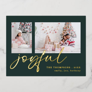 Elegant 2 Photo Script Joyful Christmas Green Foil Holiday Postcard