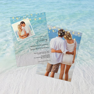 Elegant 2 Photo Seaside String Lights Beach Invitation