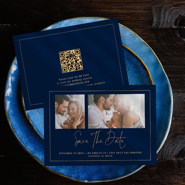 Elegant 2 Photos Gold Navy Blue Wedding  Save The Date (Creator Uploaded)