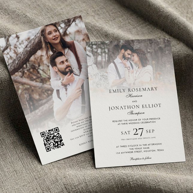 Elegant 2 Photos Overlay QR Code Formal Wedding  Invitation (front and back view)