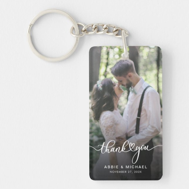 Elegant 2 Photos Wedding Thank You Personalised Key Ring (Front)