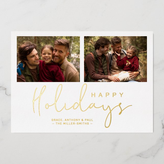 Elegant 2 Photos Whimsical Happy Holidays Foil Holiday Card (Front)