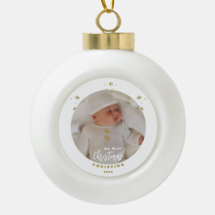 Elegant 2-Sided My First Christmas Baby's Photo Ceramic Ball Christmas Ornament