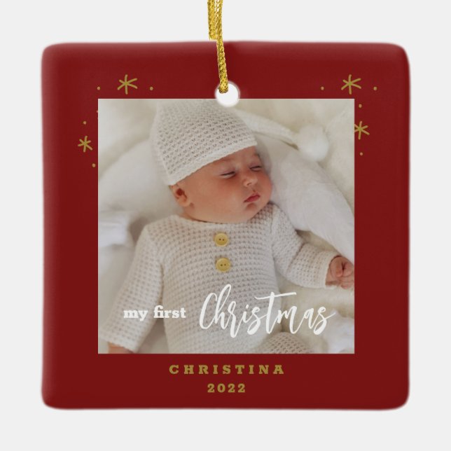 Elegant 2-Sided My First Christmas Baby's Photo Ceramic Ornament (Front)