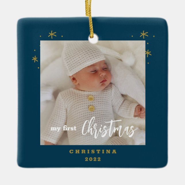 Elegant 2-Sided My First Christmas Baby's Photo  Ceramic Ornament (Front)