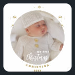 Elegant 2-Sided My First Christmas Baby's Photo Square Sticker<br><div class="desc">Simple and gorgeous in gold tone with a white festive holiday script this 2-sided My First Christmas with Baby's photo.  Replace with your photo,  name,  and year of choice  Enjoy the Season!</div>