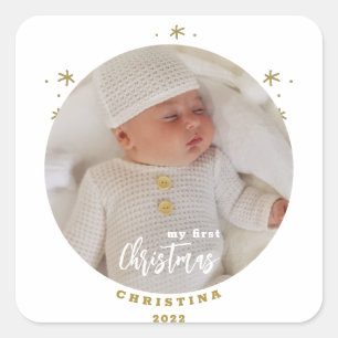 Elegant 2-Sided My First Christmas Baby's Photo Square Sticker