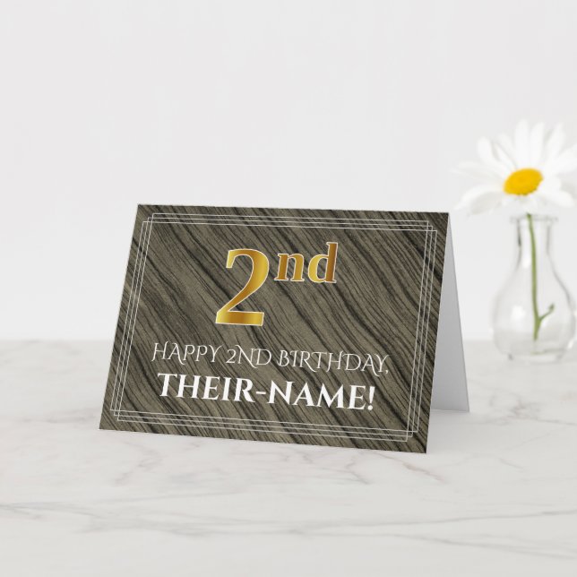 Elegant 2nd Birthday: Faux Wood, Faux Gold Look Card (Small Plant)