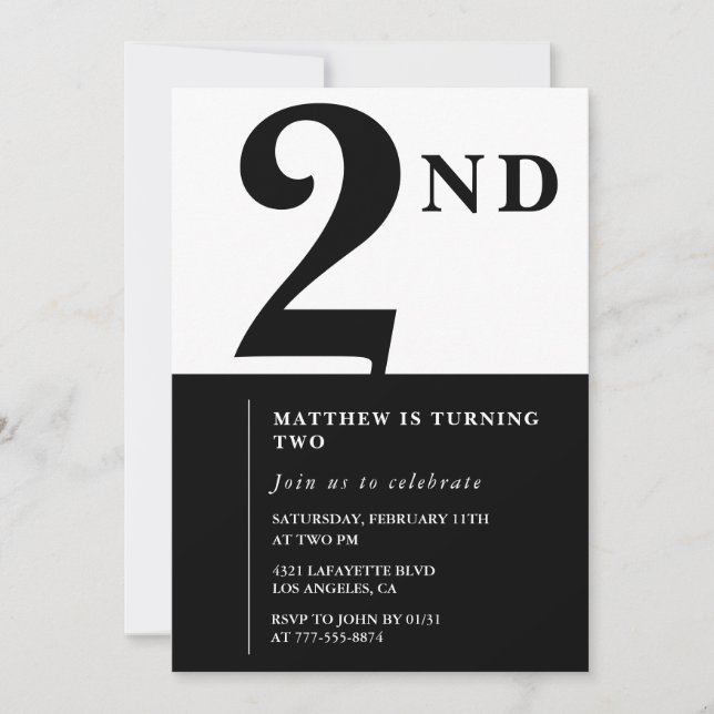 Elegant 2nd birthday invitation Black Chic Modern (Front)