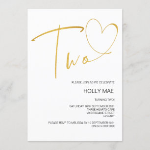 Elegant 2nd Birthday Invitation Two Heart Gold