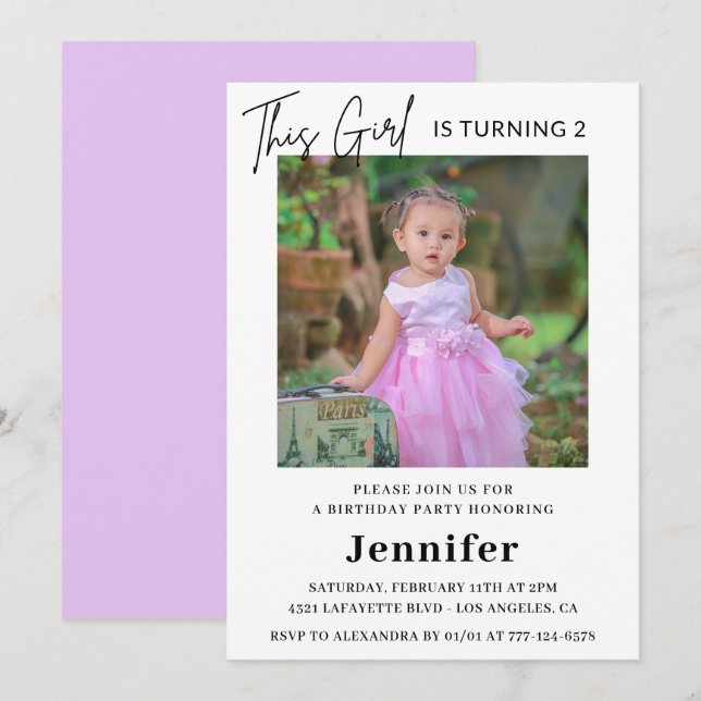 Elegant 2nd birthday invitations Photo Girl Modern (Front/Back)