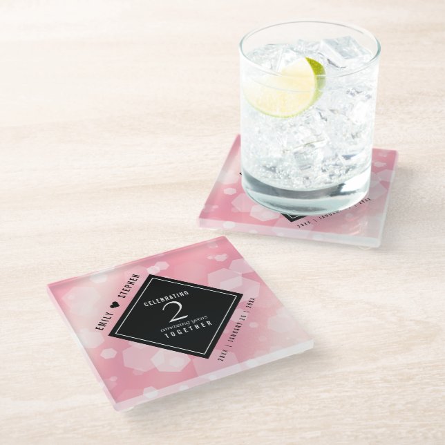Elegant 2nd Rose Quartz Wedding Anniversary Glass Coaster (Angled)