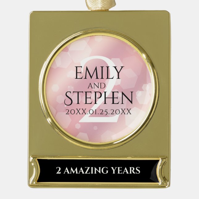Elegant 2nd Rose Quartz Wedding Anniversary Gold Plated Banner Ornament (Front)