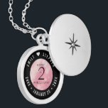 Elegant 2nd Rose Quartz Wedding Anniversary Locket Necklace<br><div class="desc">Commemorate the 2nd wedding anniversary with this elegant locket! Elegant black and white lettering with hexagonal confetti on a rich pink background add a memorable touch for this special occasion and milestone. Customise with the happy couple's names, and dates for their rose quartz anniversary. Design © W.H. Sim, All Rights...</div>