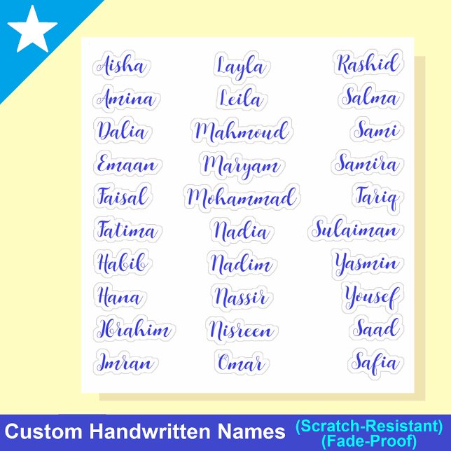 Elegant 30 First Names | Blue Calligraphy Script (Personalized Blue Calligraphy Script Stickers)