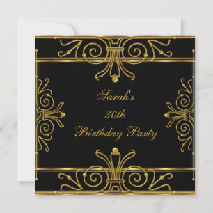Elegant 30th Birthday Black Gold Art Deco Invitation