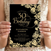Elegant 30th Birthday Black Gold Roses