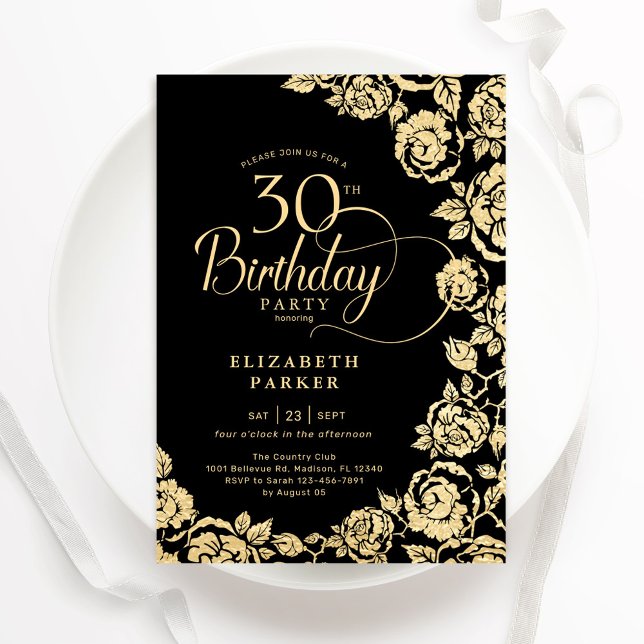 Elegant 30th Birthday Black Gold Roses Invitation (Creator Uploaded)