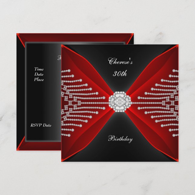 Elegant 30th Birthday Black Rich Red Diamond Invitation (Front/Back)