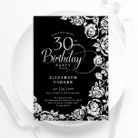 Elegant 30th Birthday Black Silver Roses Invitation<br><div class="desc">Black silver floral 30th birthday party invitation. Elegant design featuring roses,  faux silver foil and typography script font. Trendy invite card perfect for a stylish female bday celebration. Can be customised to any age. Personalise with your own details. Printed Zazzle invitations or instant download digital printable template.</div>