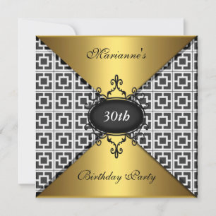 Elegant 30th Birthday Black White & Gold Invitation