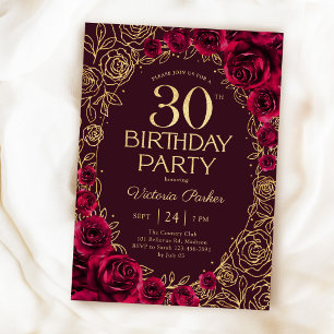 Elegant 30th Birthday Burgundy & Gold Floral Invitation