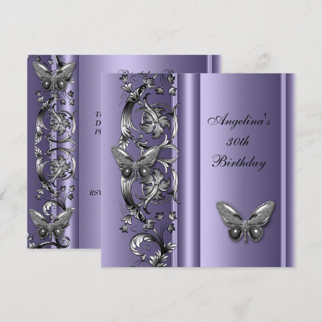 Elegant 30th Birthday Butterfly MauveSilver Floral Invitation (Front/Back)