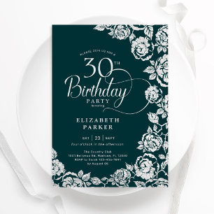 Elegant 30th Birthday Emerald Green Silver Roses Invitation