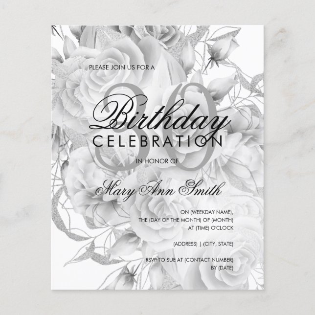 Elegant 30th Birthday Floral Silver White Invite Flyer (Front)